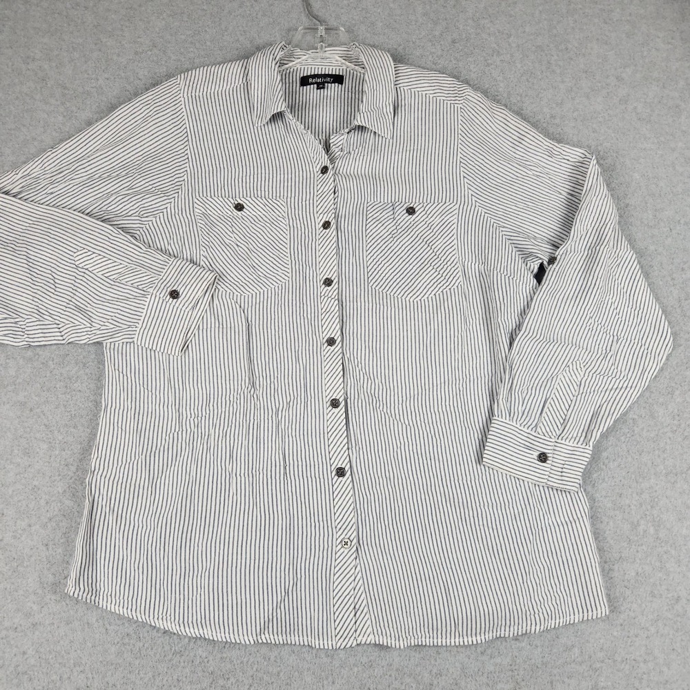 Relativity Shirt Womens 1X White Blue‎ Striped Cotton Pocket Collared Button Up